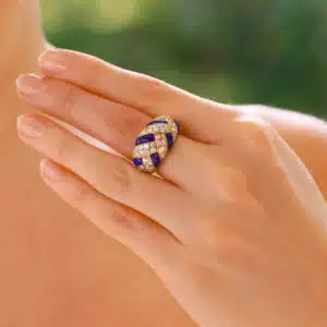 Vintage 1980's Lapis and Diamond Dress Ring in Yellow Gold