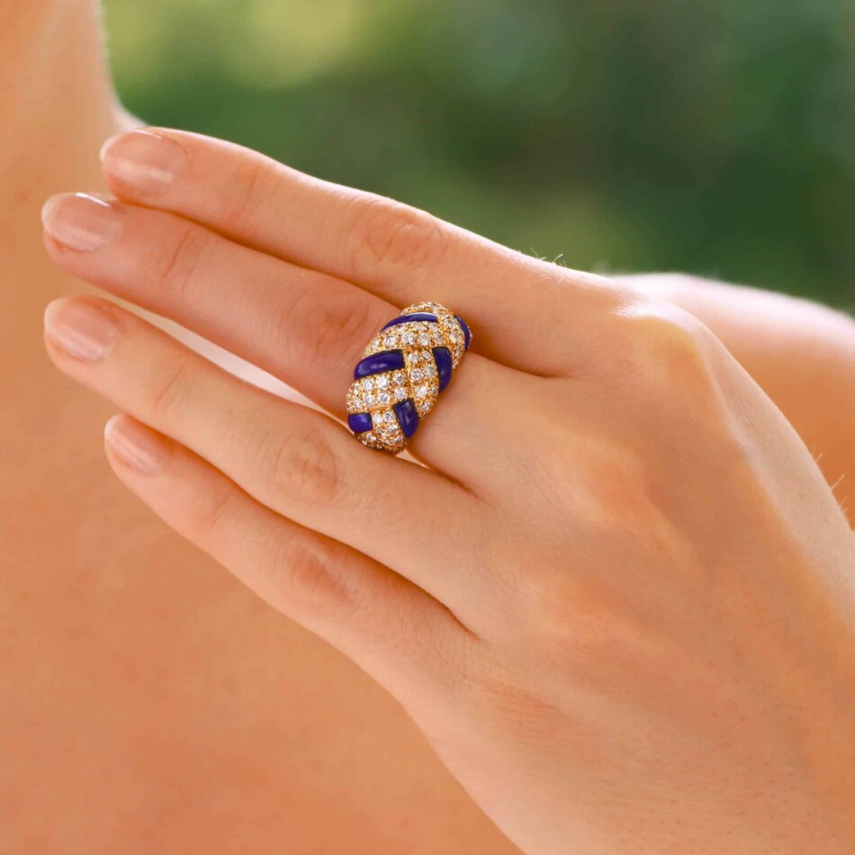 Vintage 1980's Lapis and Diamond Dress Ring in Yellow Gold
