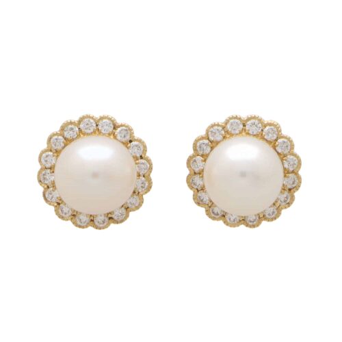 Contemporay Pearl and Diamond Cluster Earrings in Yellow Gold