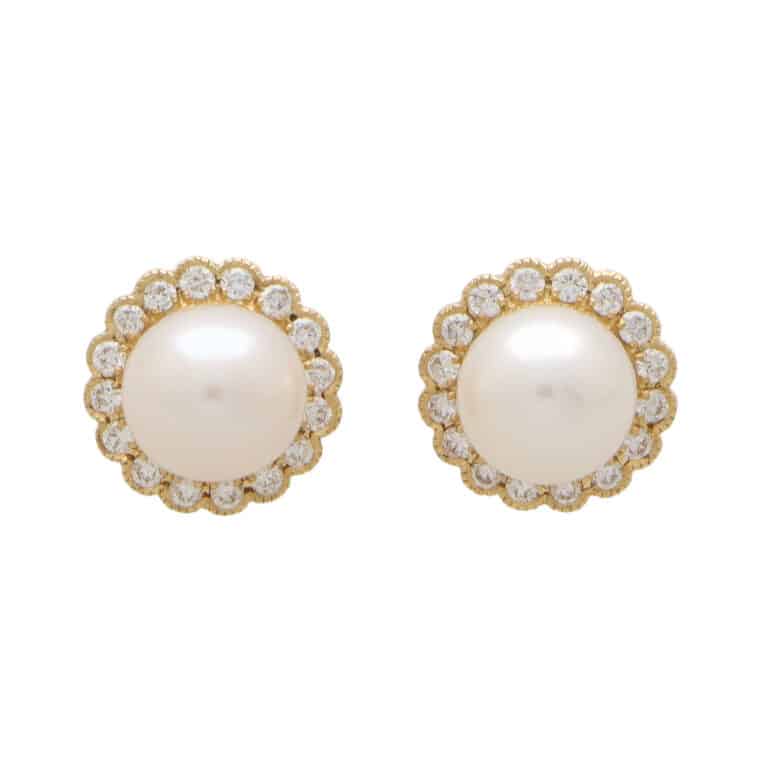 Contemporay Pearl and Diamond Cluster Earrings in Yellow Gold