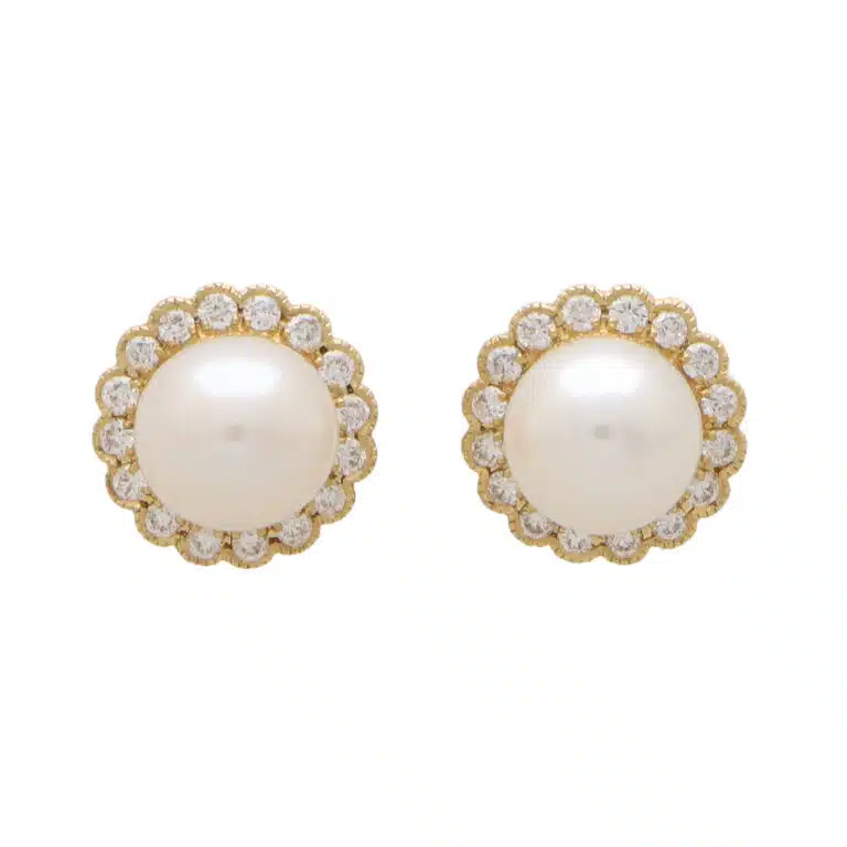 Contemporay Pearl and Diamond Cluster Earrings in Yellow Gold