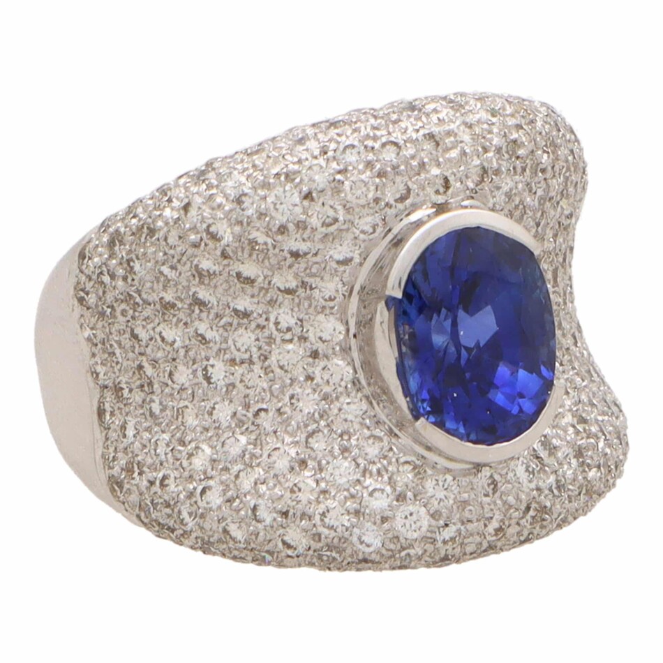 Vintage Blue Sapphire and Diamond Bombe Ring