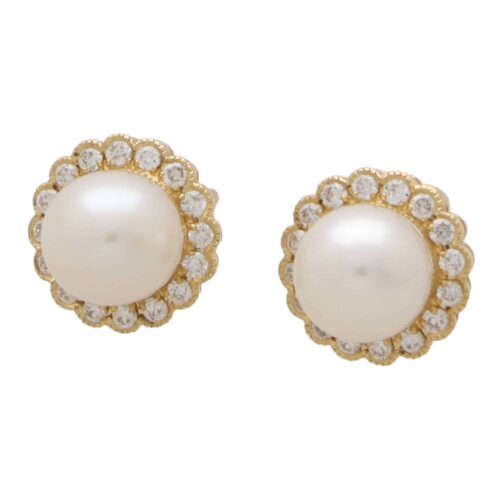 Contemporay Pearl and Diamond Cluster Earrings in Yellow Gold