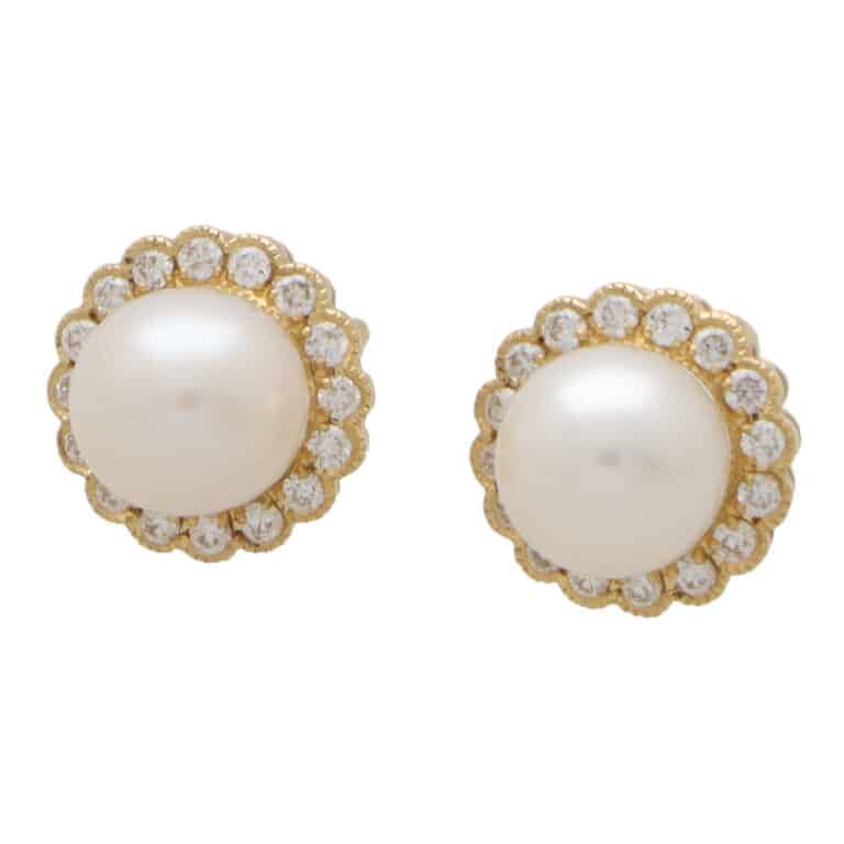 Contemporay Pearl and Diamond Cluster Earrings in Yellow Gold