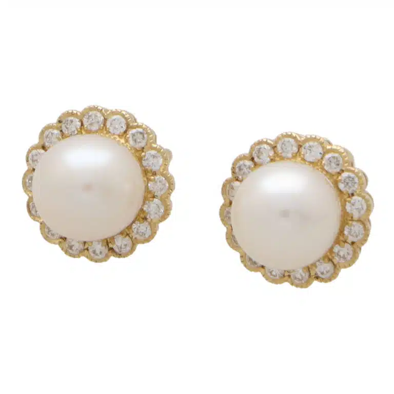 Contemporay Pearl and Diamond Cluster Earrings in Yellow Gold