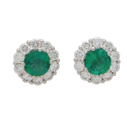 Contemporary Emerald and Diamond Cluster Earrings in White Gold