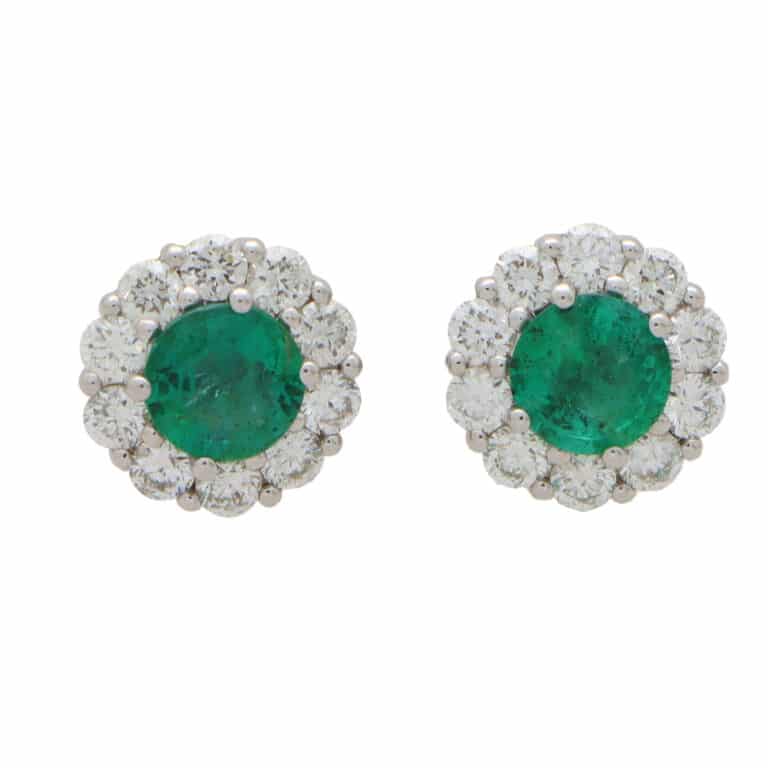 Contemporary Emerald and Diamond Cluster Earrings in White Gold