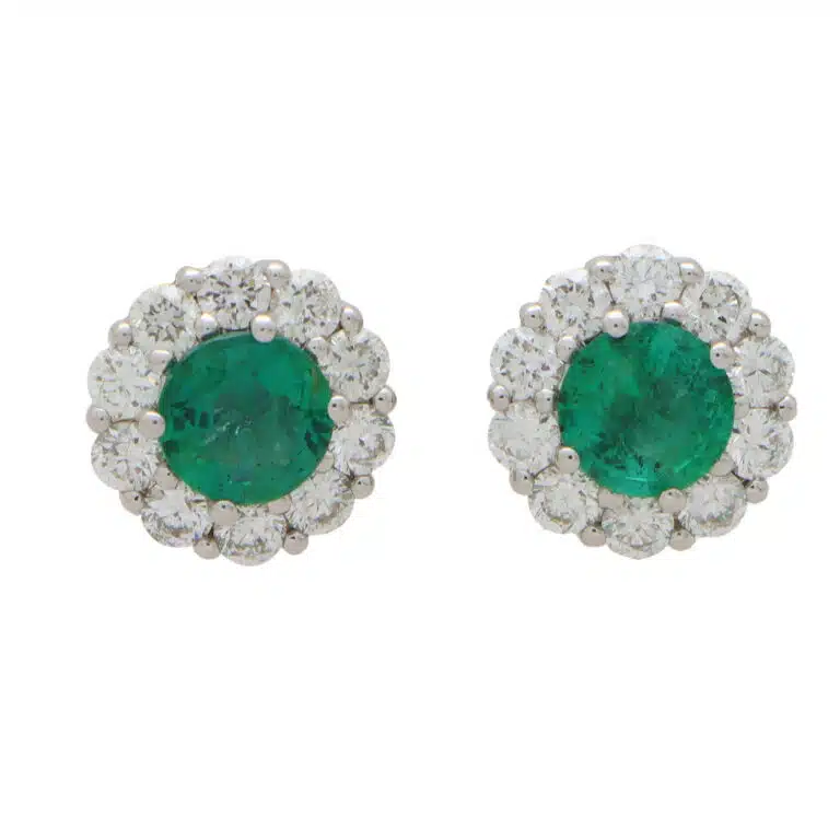 Contemporary Emerald and Diamond Cluster Earrings in White Gold