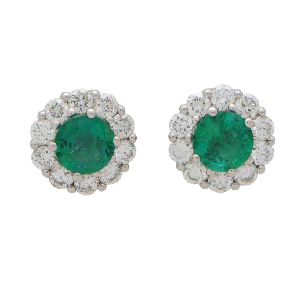 Contemporary Emerald and Diamond Cluster Earrings in White Gold