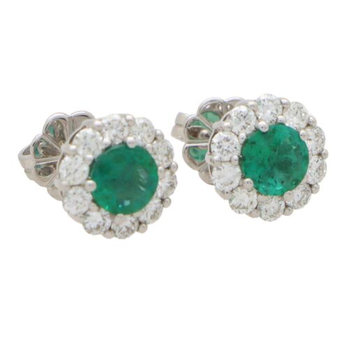 Contemporary Emerald and Diamond Cluster Earrings in White Gold