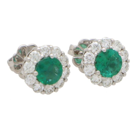 Contemporary Emerald and Diamond Cluster Earrings in White Gold