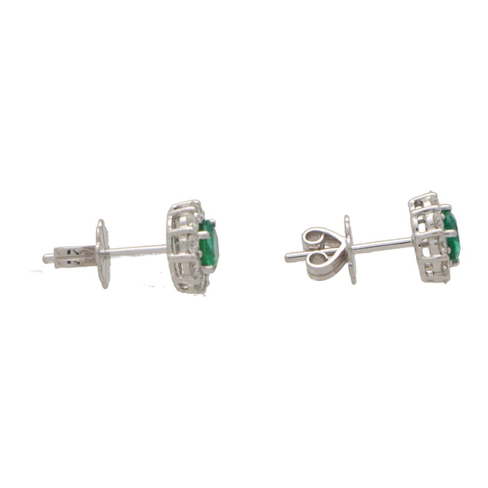 Contemporary Emerald and Diamond Cluster Earrings in White Gold