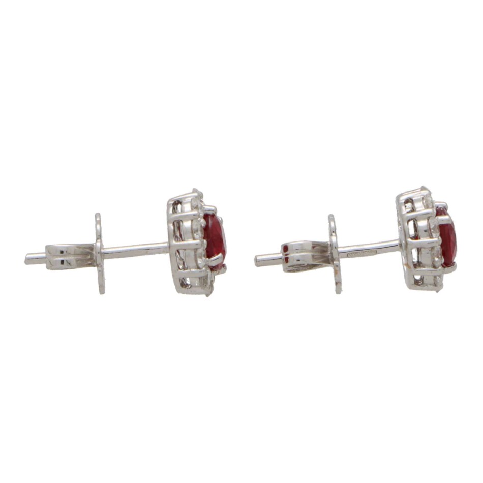 Contemporary Ruby and Diamond Cluster Earrings in White Gold