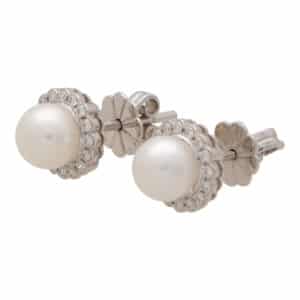 Pearl and Diamond Cluster Stud Earrings in White Gold