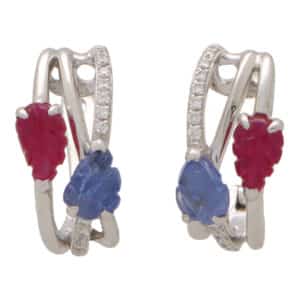 Contemporary Ruby, Blue Sapphire and Diamond Hoop Earrings