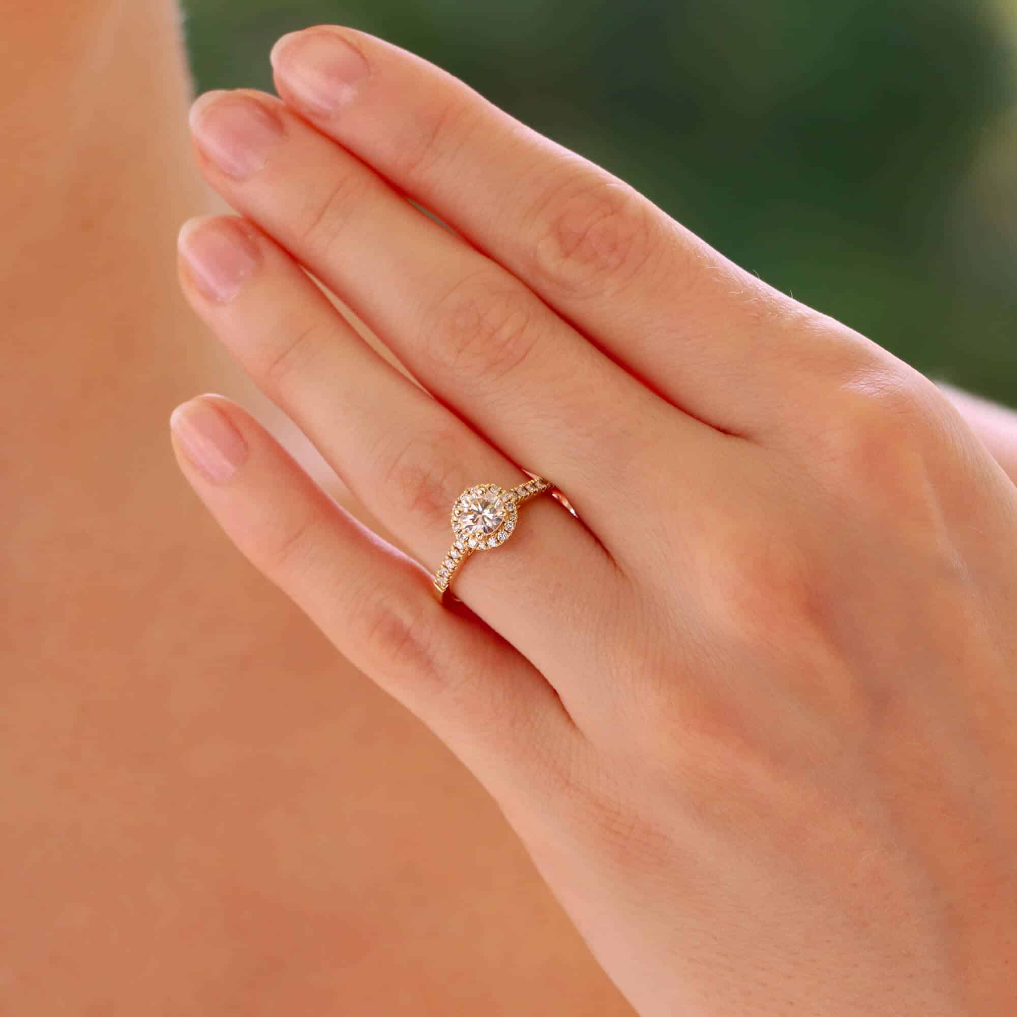 Contemporary Diamond Halo Ring in Yellow Gold at Susannah Lovis Jewellers