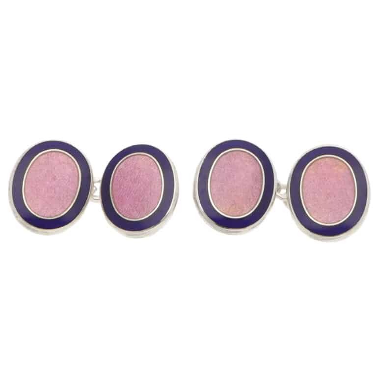 Contemporary Pink and Navy Enamelled Oval Chain Cufflinks