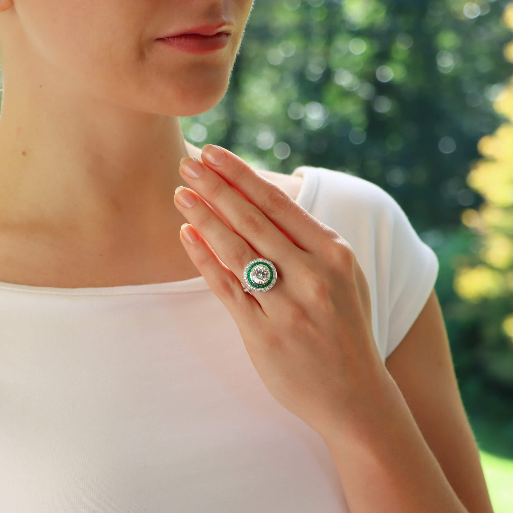 GIA Certified Diamond and Emerald Double Target Ring