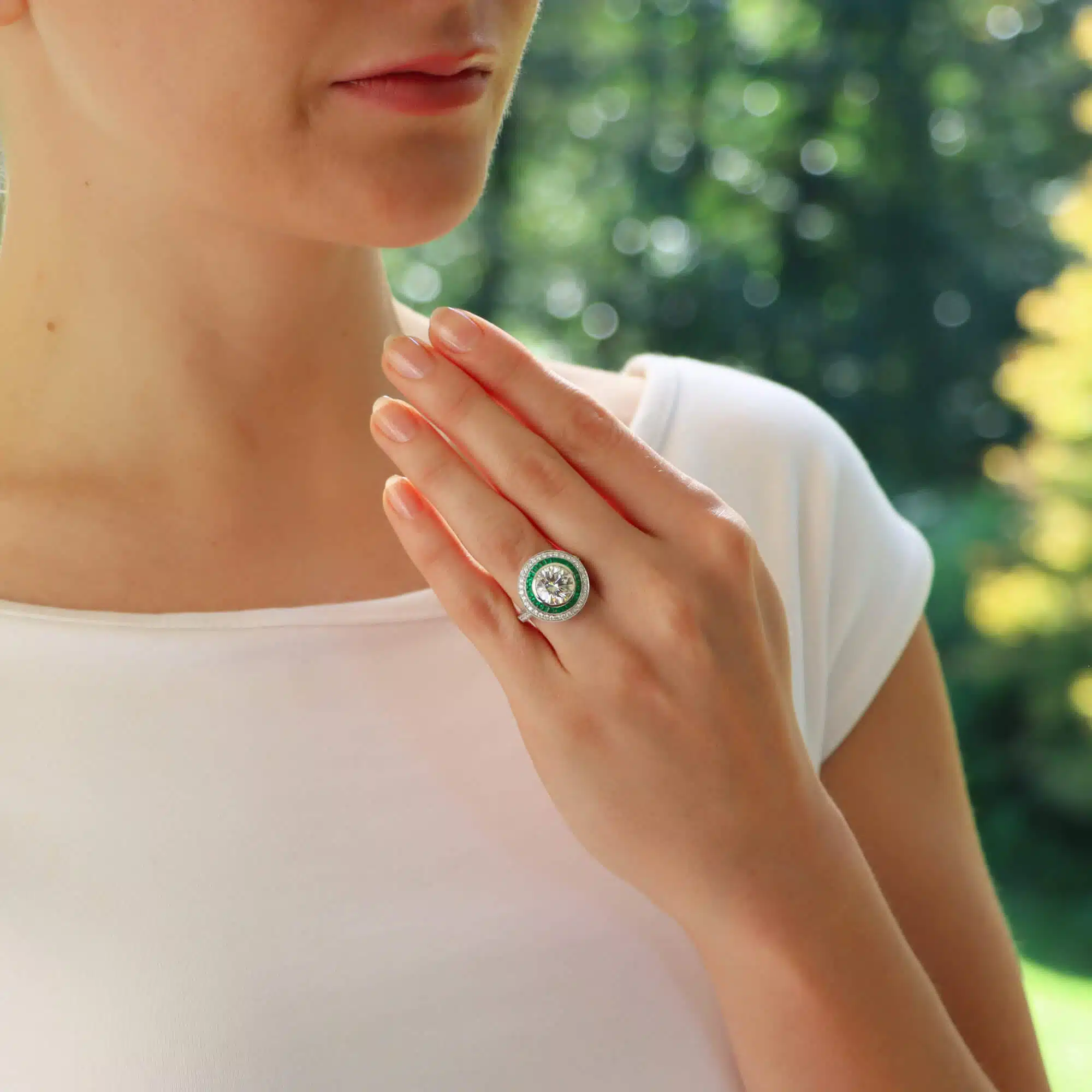 GIA Certified Diamond and Emerald Double Target Ring