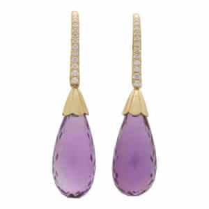 Contemporary Briolette Cut Amethyst and Diamond Drop Earrings