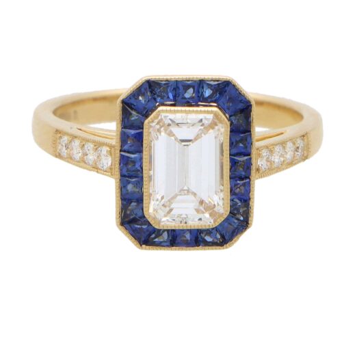 Art Deco Style GIA D-Coloured Diamond and Sapphire Target Ring