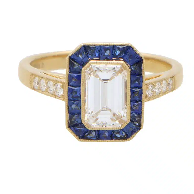 Art Deco Style GIA D-Coloured Diamond and Sapphire Target Ring