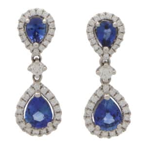 Blue Sapphire and Diamond Double Pear Cluster Drop Earrings