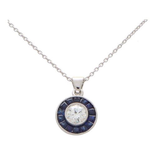 Art Deco Inspired Blue Sapphire and Diamond Target Necklace