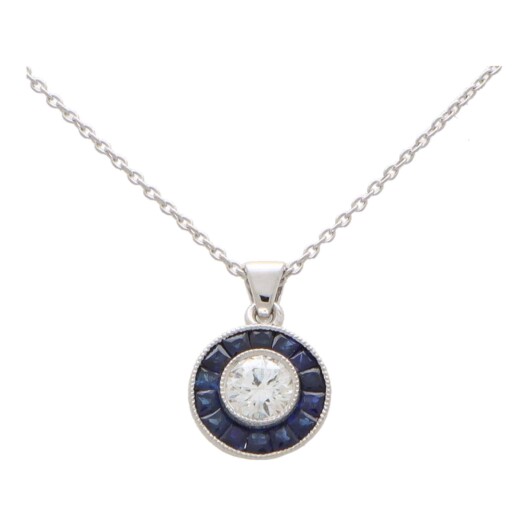 Art Deco Inspired Blue Sapphire and Diamond Target Necklace
