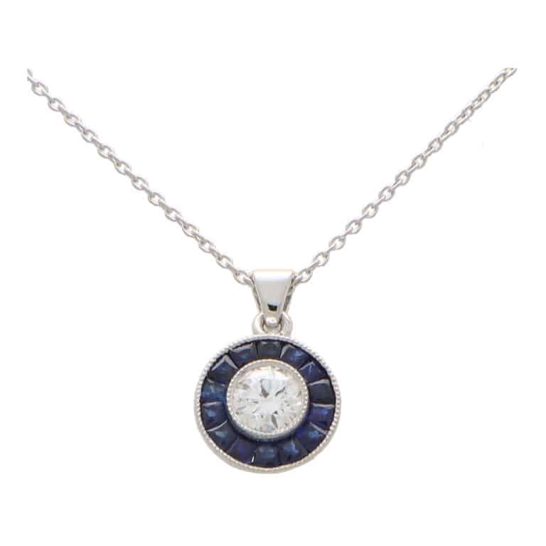 Art Deco Inspired Blue Sapphire and Diamond Target Necklace