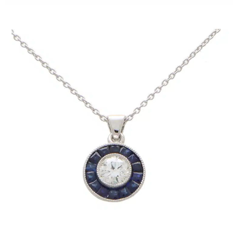 Art Deco Inspired Blue Sapphire and Diamond Target Necklace