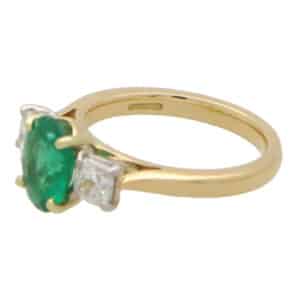 Certified Diamond and Oval Emerald Three Stone Ring