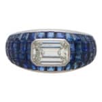 Art Deco Inspired Diamond and Blue Sapphire Bombe Dress Ring