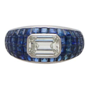 Art Deco Inspired Diamond and Blue Sapphire Bombe Dress Ring