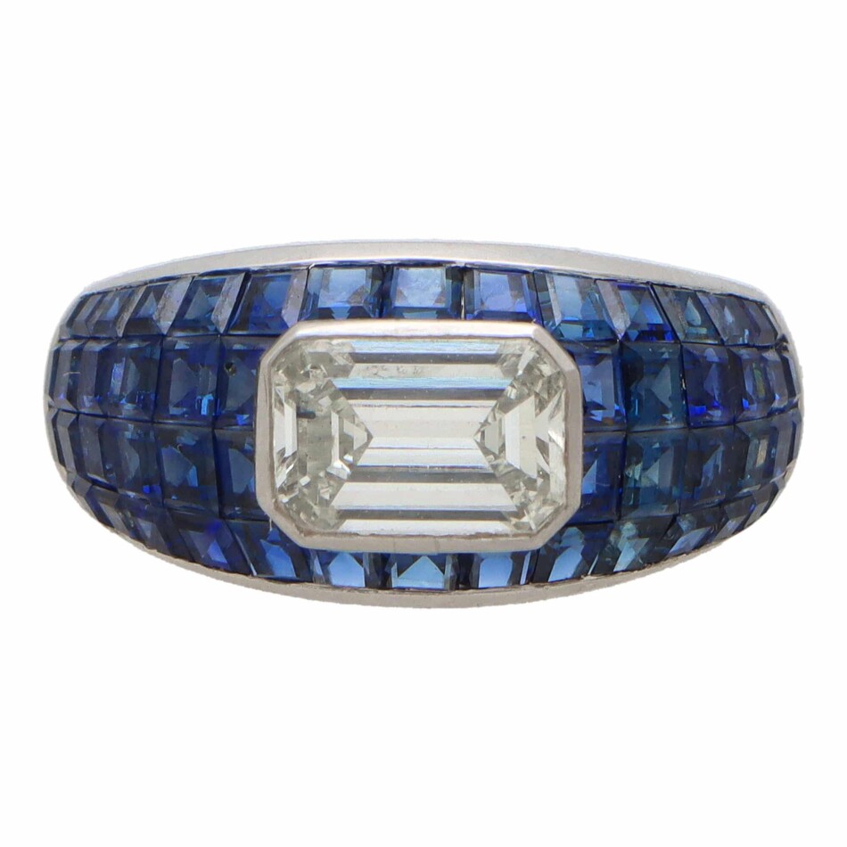 Art Deco Inspired Diamond and Blue Sapphire Bombe Dress Ring