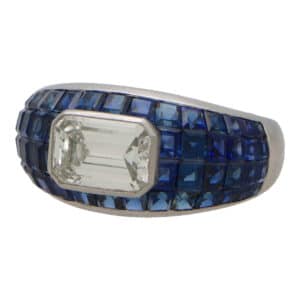 Art Deco Inspired Diamond and Blue Sapphire Bombe Dress Ring