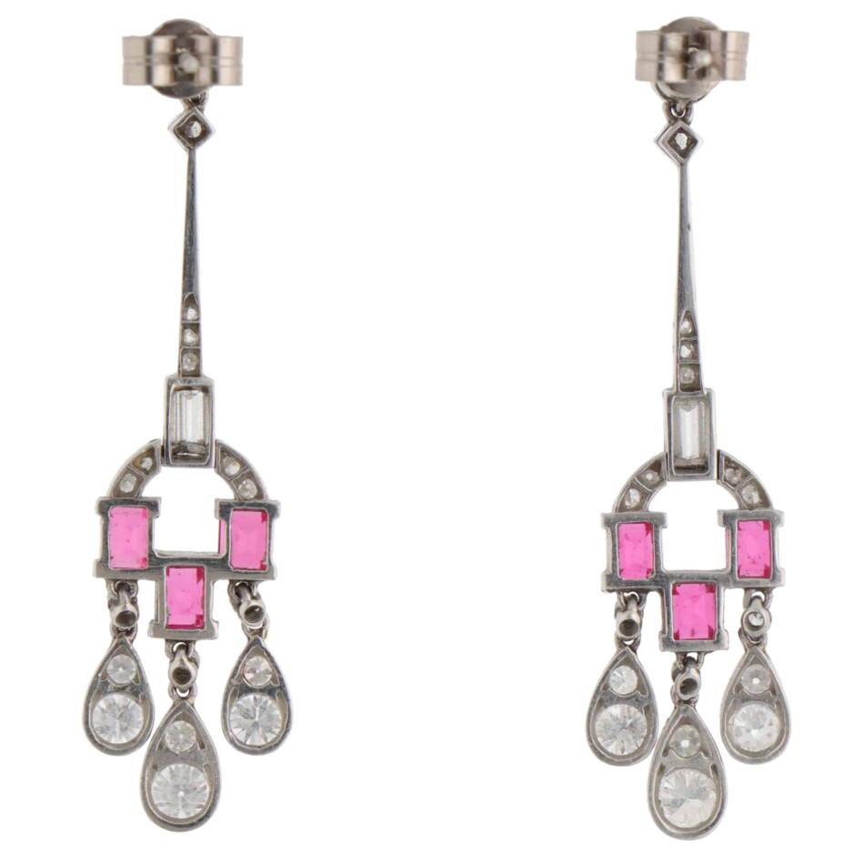 Vintage Art Deco Diamond and Ruby Drop Earrings in Platinum