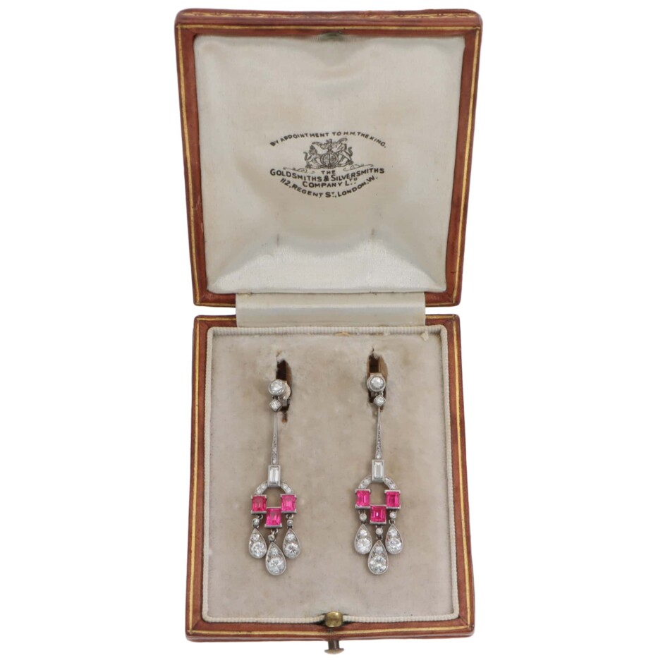 Vintage Art Deco Diamond and Ruby Drop Earrings in Platinum