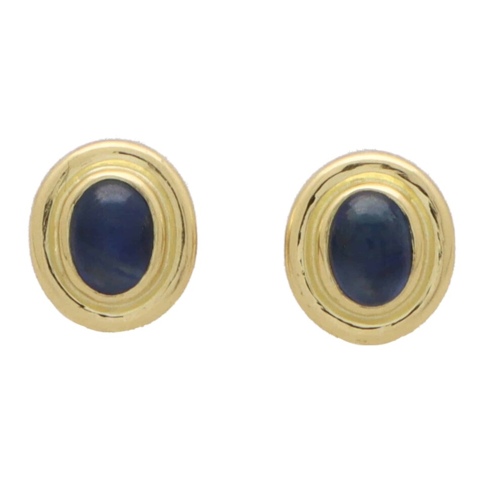 Vintage Etruscan Inspired Cabochon Blue Sapphire Stud Earrings