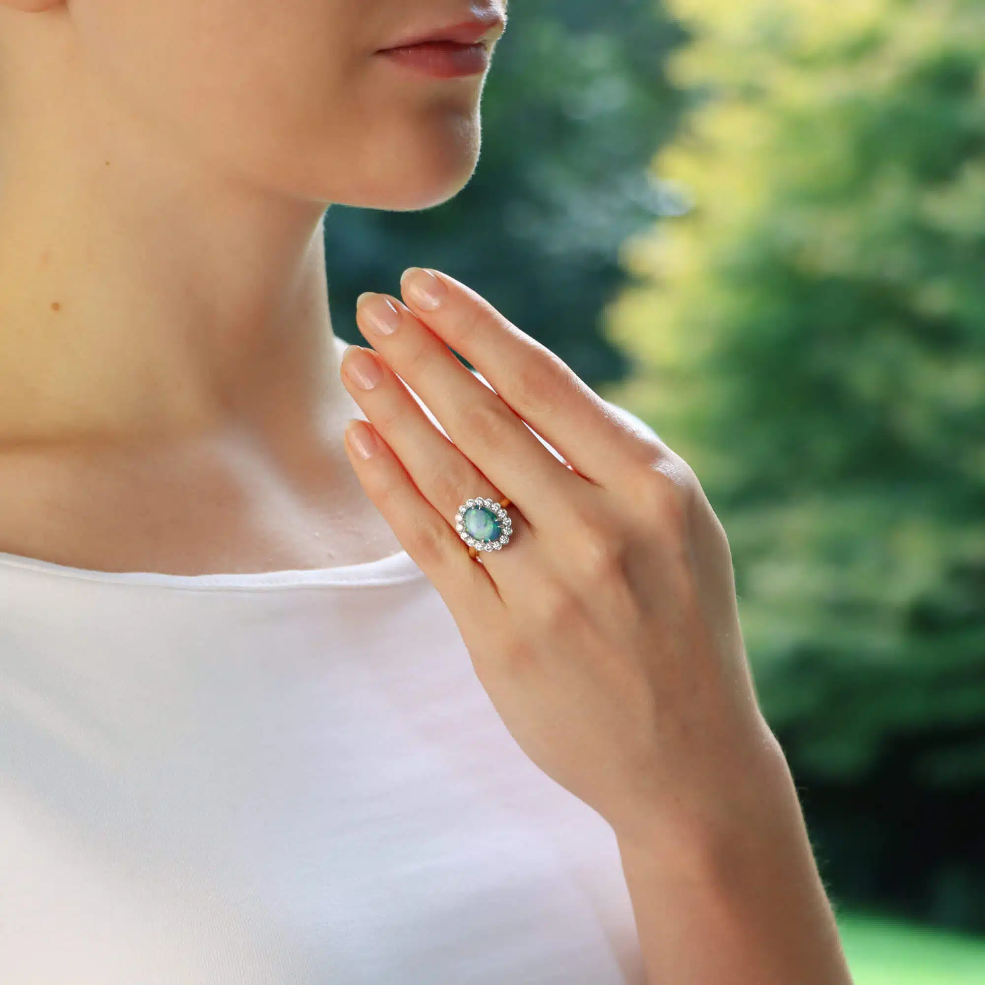 Contemporary Black Opal and Diamond Cluster Ring