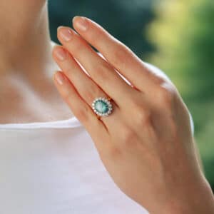 Contemporary Black Opal and Diamond Cluster Ring