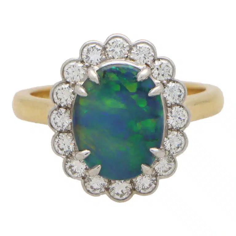 Contemporary Black Opal and Diamond Cluster Ring