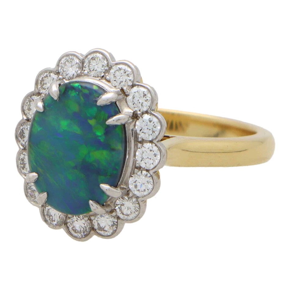Contemporary Black Opal and Diamond Cluster Ring