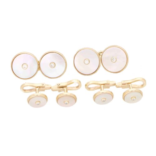 Diamond and Mother of Pearl Round Chain Cufflinks in 9ct Gold