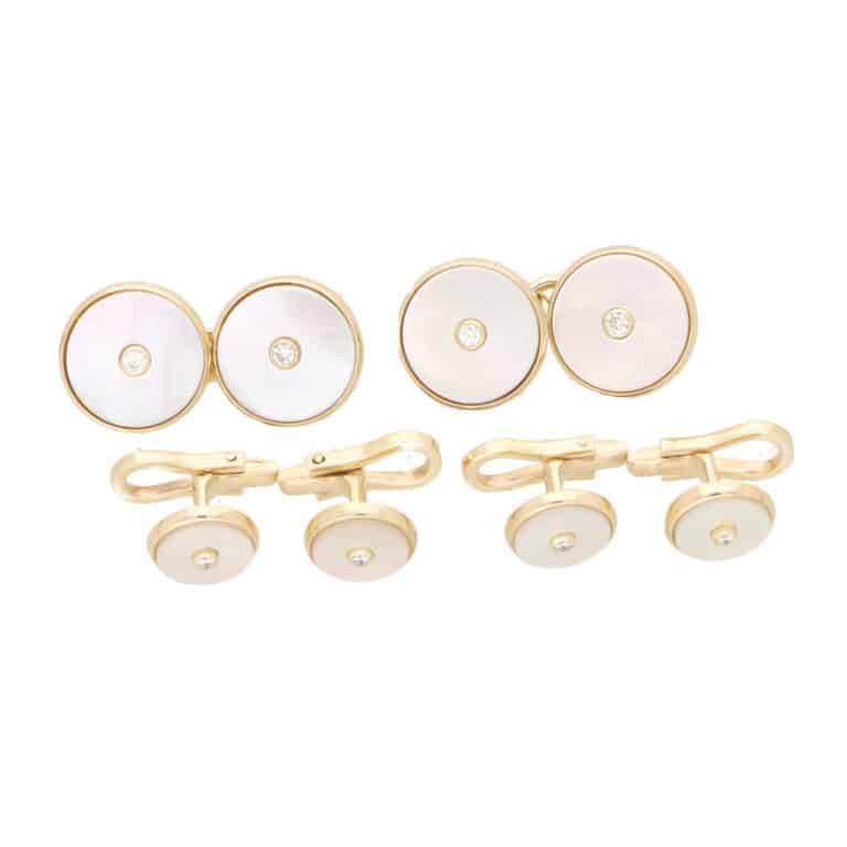 Diamond and Mother of Pearl Round Chain Cufflinks in 9ct Gold