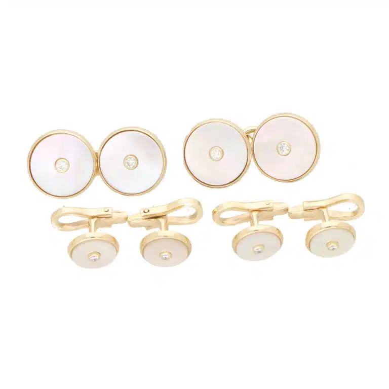 Diamond and Mother of Pearl Round Chain Cufflinks in 9ct Gold