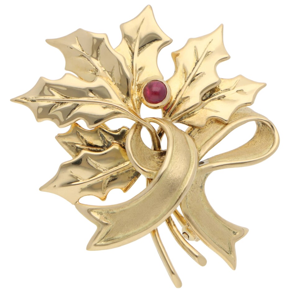 Vintage Tiffany & Co Holly Leaf Ruby Brooch in Yellow Gold