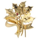 Vintage Tiffany & Co Holly Leaf Ruby Brooch in Yellow Gold