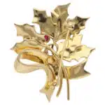 Vintage Tiffany & Co Holly Leaf Ruby Brooch in Yellow Gold