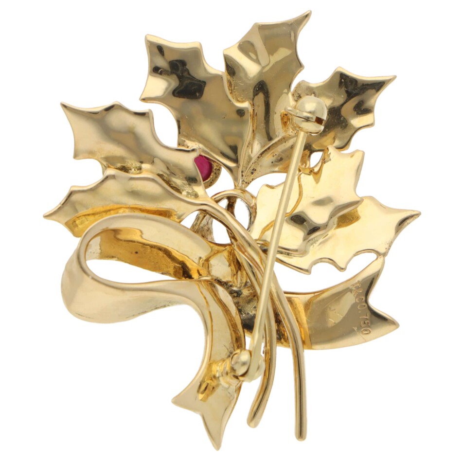 Vintage Tiffany & Co Holly Leaf Ruby Brooch in Yellow Gold